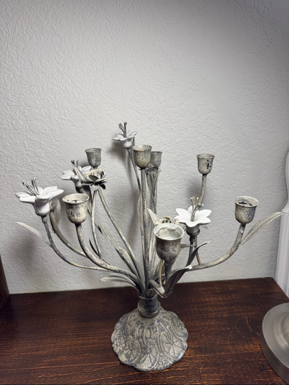 Antique French Metal Candelabra with Ceramic Flowers, 8-Arm Art Nouveau Style - Picture 2 of 10